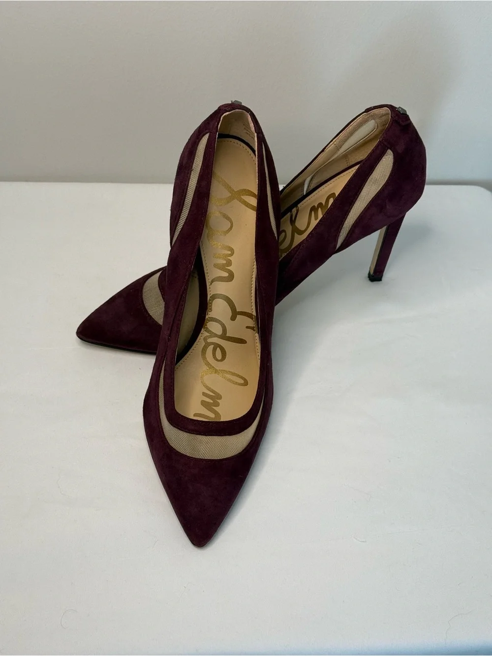 Sam Edelman Nixon Pumps Burgundy Wine Suede Mesh Pointed Toe Stiletto Heels Sz 7